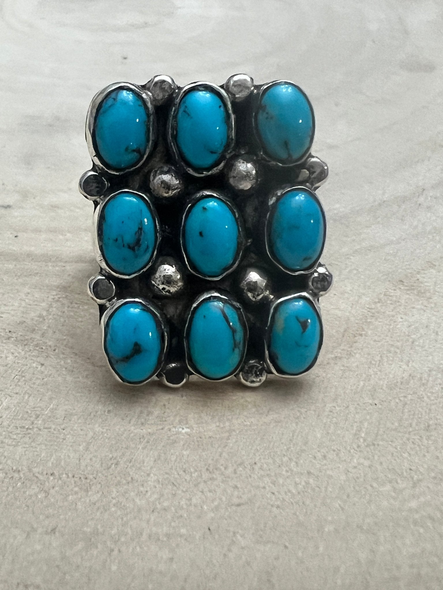 Priscilla Reeder Navajo Sterling Silver Turquoise Ring — Size 8 (1" × 7/8" Face, PR Hallmark, Heirloom) - Cowhide and Conchos