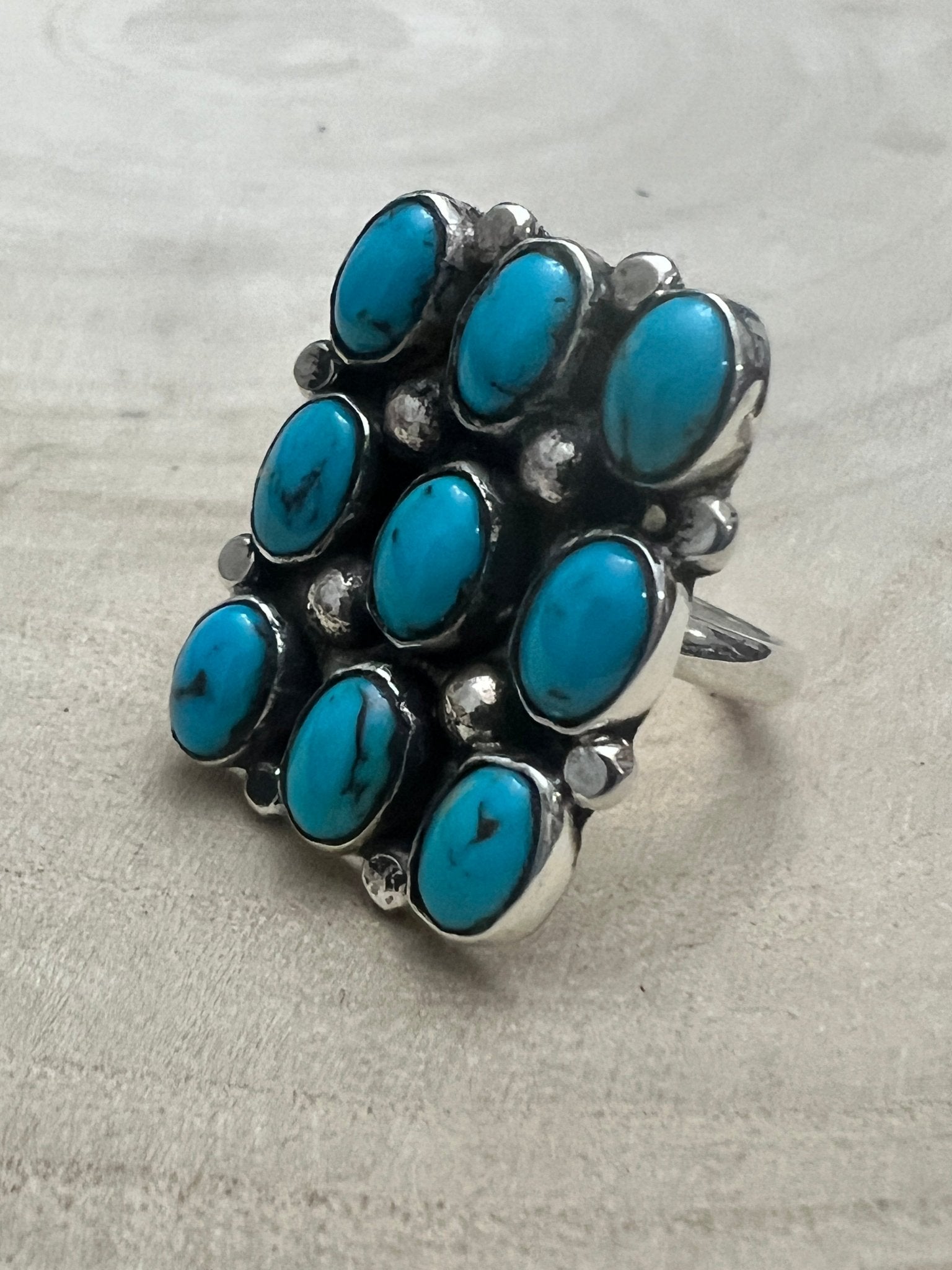 Priscilla Reeder Navajo Sterling Silver Turquoise Ring — Size 8 (1" × 7/8" Face, PR Hallmark, Heirloom) - Cowhide and Conchos