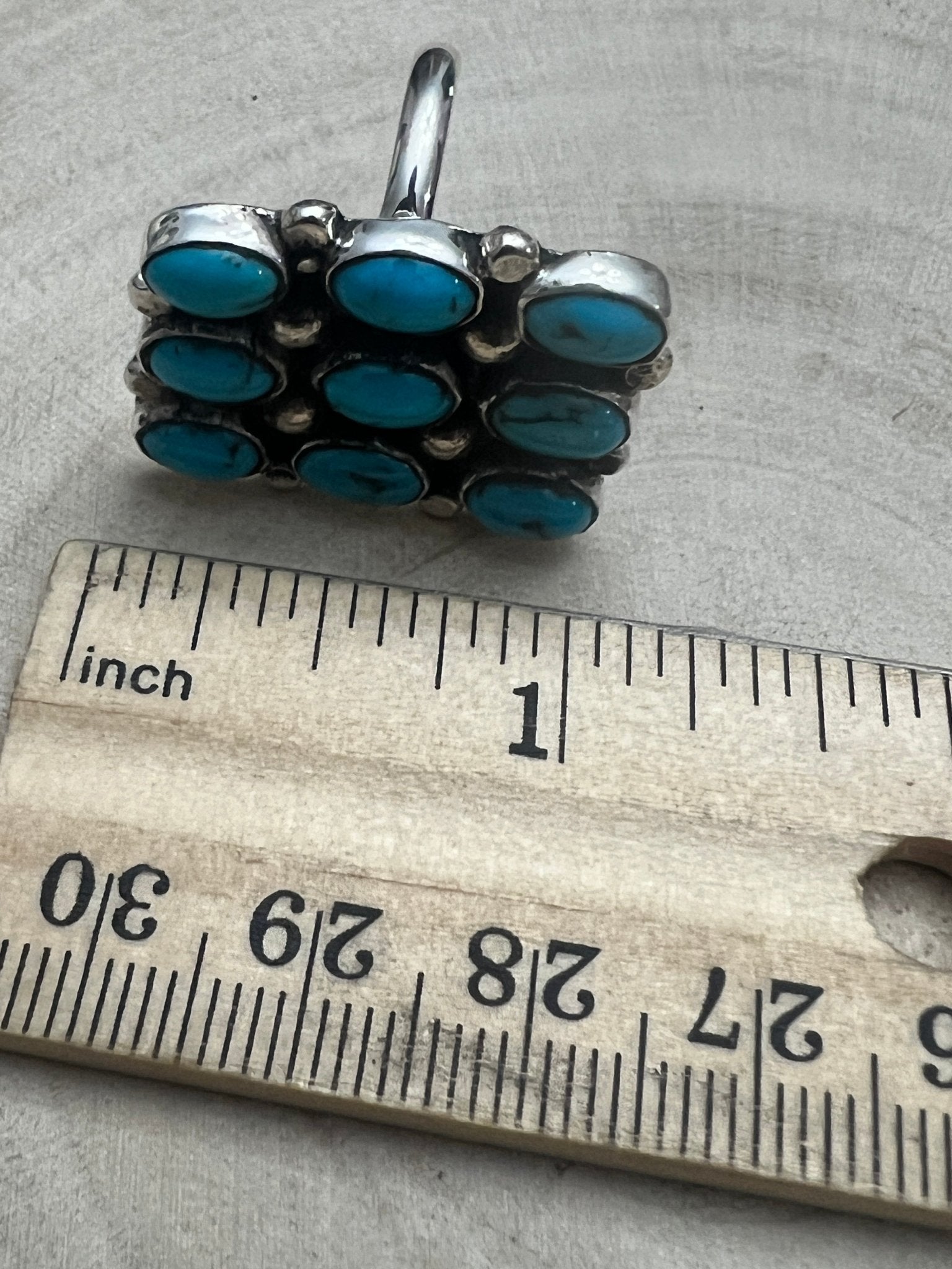 Priscilla Reeder Navajo Sterling Silver Turquoise Ring — Size 8 (1" × 7/8" Face, PR Hallmark, Heirloom) - Cowhide and Conchos