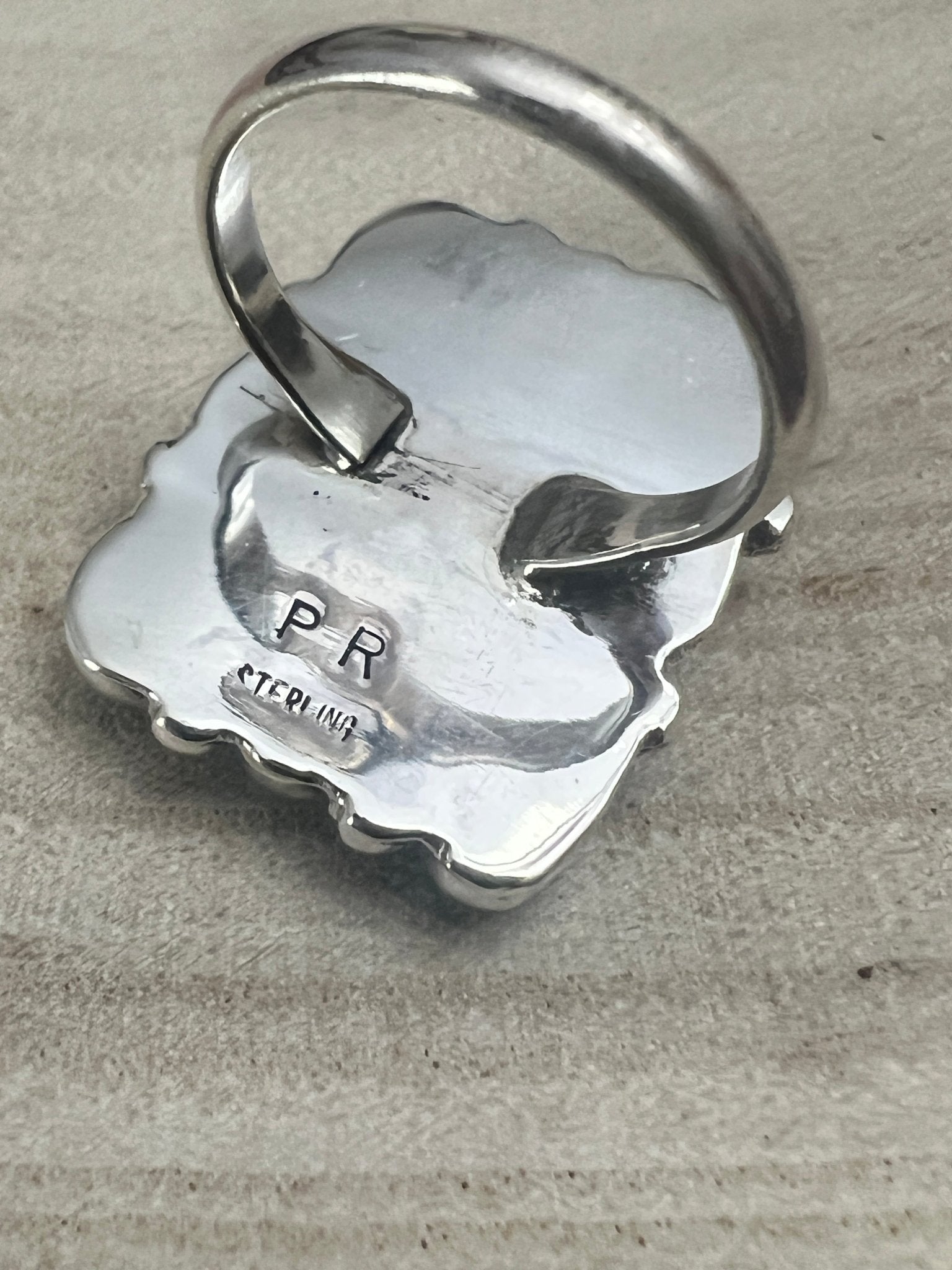 Priscilla Reeder Navajo Sterling Silver Turquoise Ring — Size 8 (1" × 7/8" Face, PR Hallmark, Heirloom) - Cowhide and Conchos