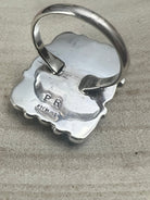 Priscilla Reeder Navajo Sterling Silver Turquoise Ring — Size 8 (1" × 7/8" Face, PR Hallmark, Heirloom) - Cowhide and Conchos
