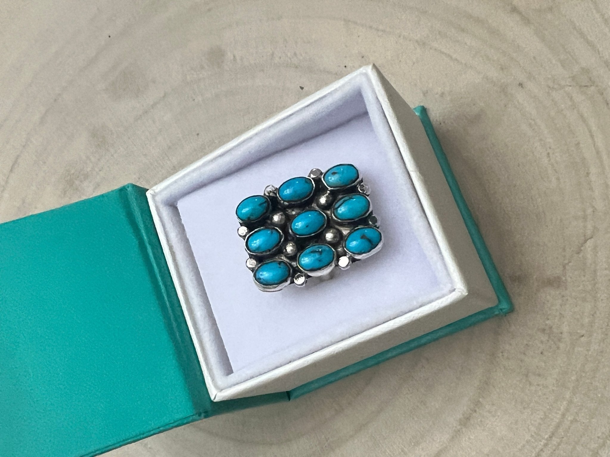 Priscilla Reeder Navajo Sterling Silver Turquoise Ring — Size 8 (1" × 7/8" Face, PR Hallmark, Heirloom) - Cowhide and Conchos