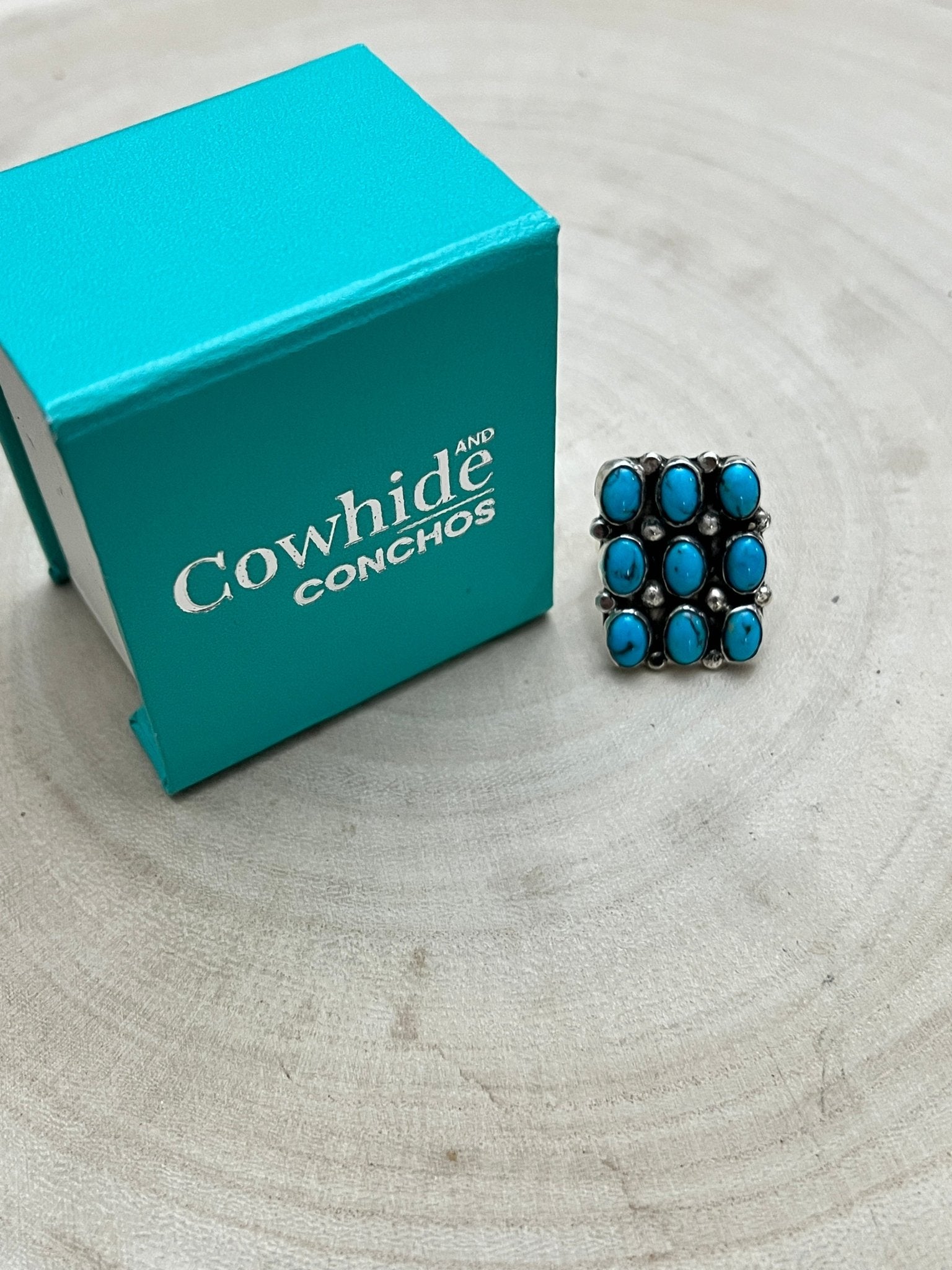Priscilla Reeder Navajo Sterling Silver Turquoise Ring — Size 8 (1" × 7/8" Face, PR Hallmark, Heirloom) - Cowhide and Conchos
