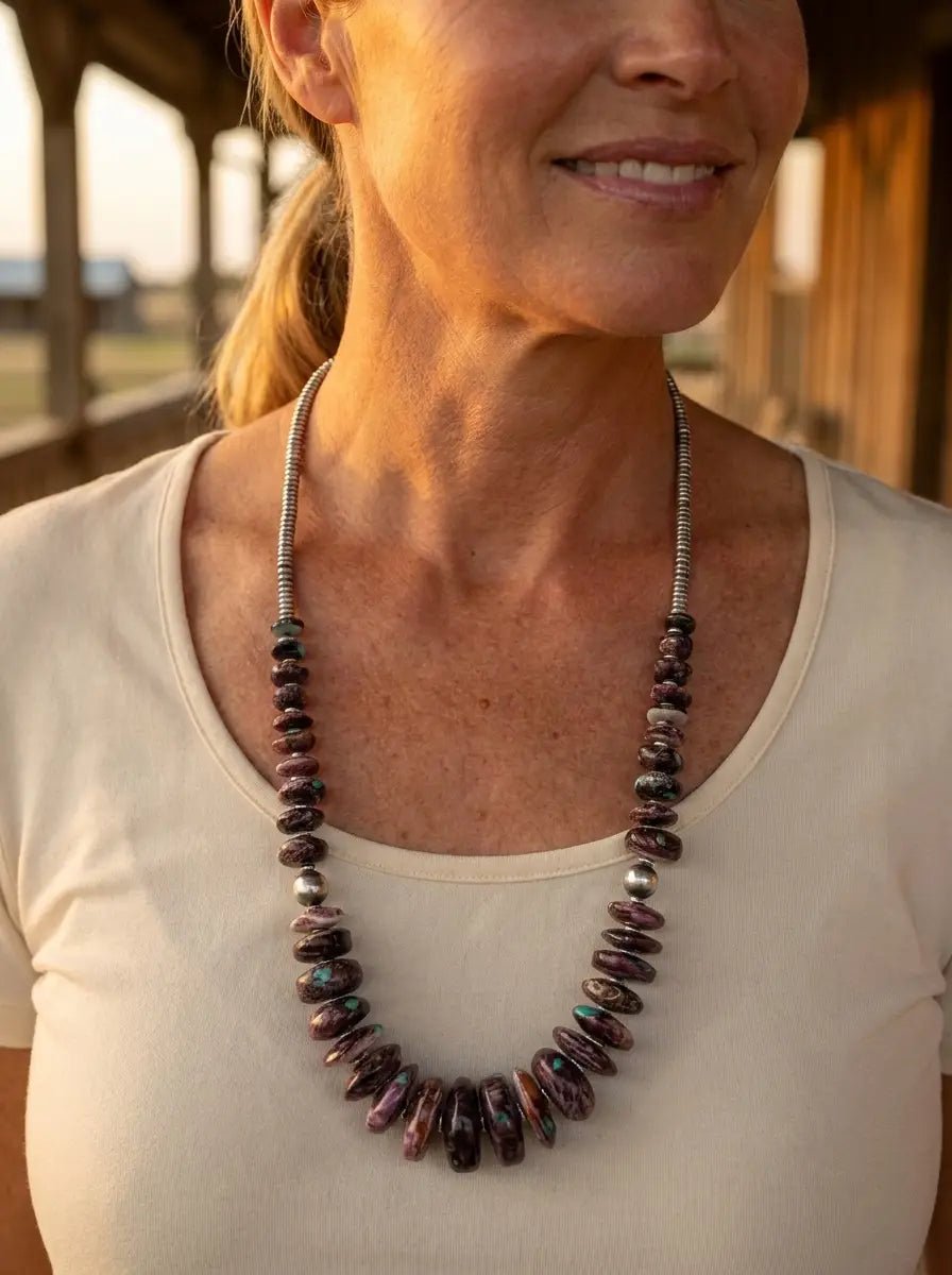 Purple Spiny Oyster & Turquoise Graduated Necklace with Hematite — 23 inch - Cowhide and Conchos