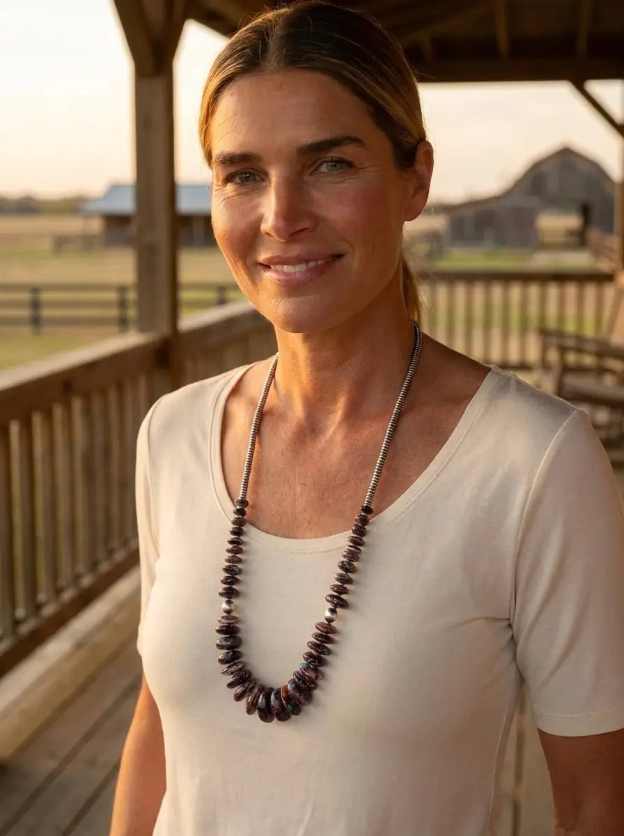 Purple Spiny Oyster & Turquoise Graduated Necklace with Hematite — 23 inch - Cowhide and Conchos