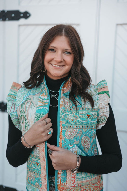 Quilted Ruffle Vest - Cowhide and Conchos