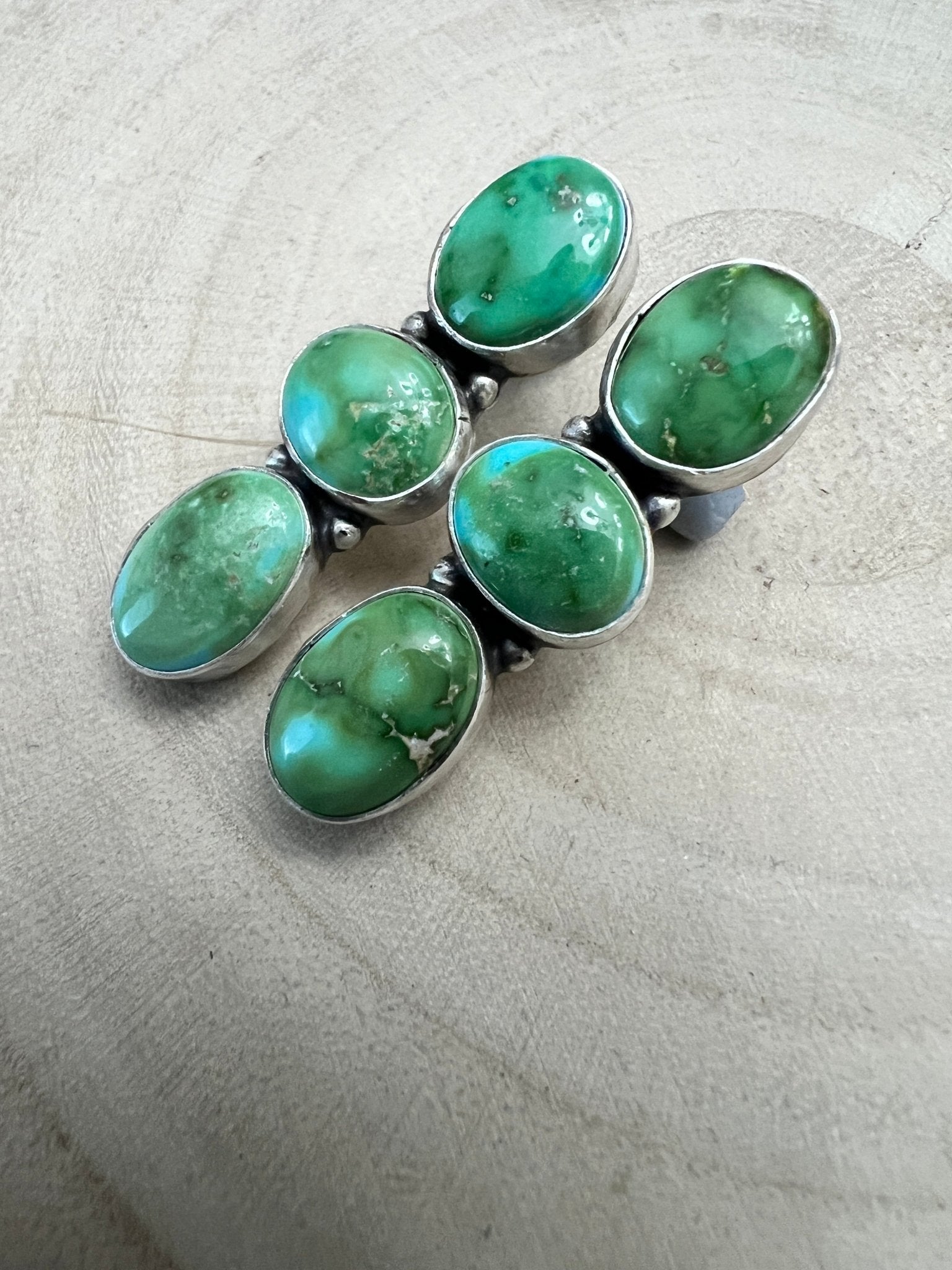 Randy Billy Navajo Sonoran Mountain Turquoise & Sterling Silver Earrings — 1 3/8" × 1/2" (Hallmarked, Heirloom) - Cowhide and Conchos