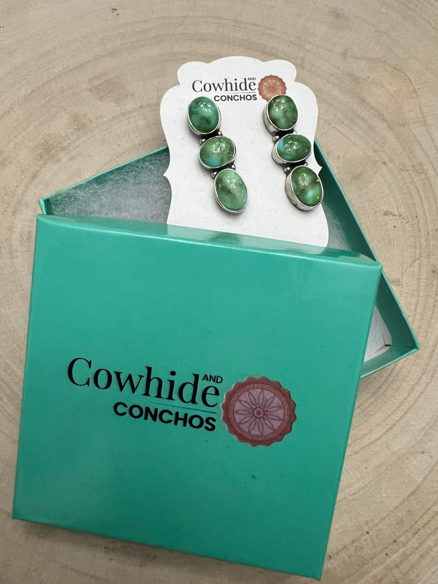 Randy Billy Navajo Sonoran Mountain Turquoise & Sterling Silver Earrings — 1 3/8" × 1/2" (Hallmarked, Heirloom) - Cowhide and Conchos