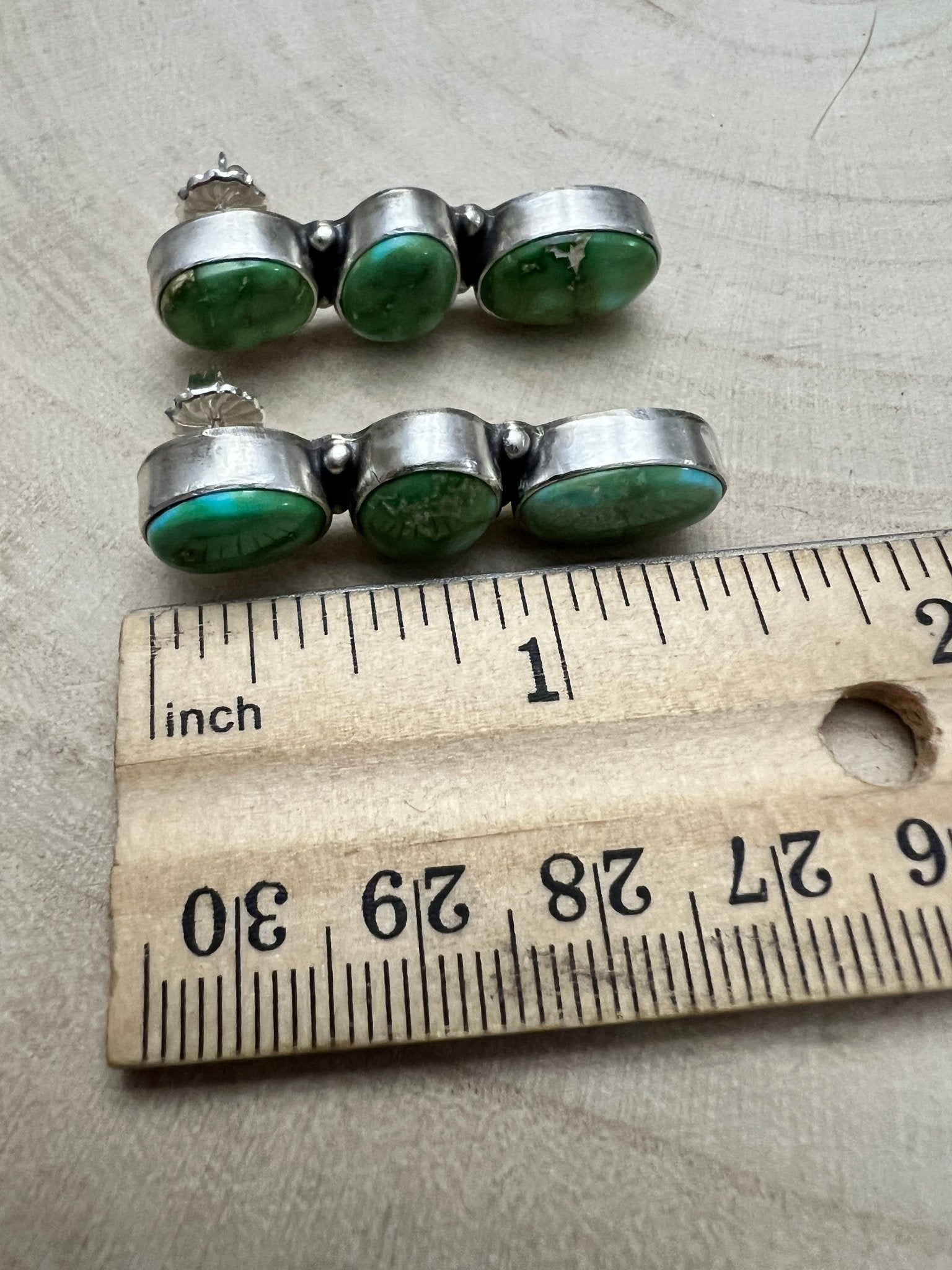 Randy Billy Navajo Sonoran Mountain Turquoise & Sterling Silver Earrings — 1 3/8" × 1/2" (Hallmarked, Heirloom) - Cowhide and Conchos