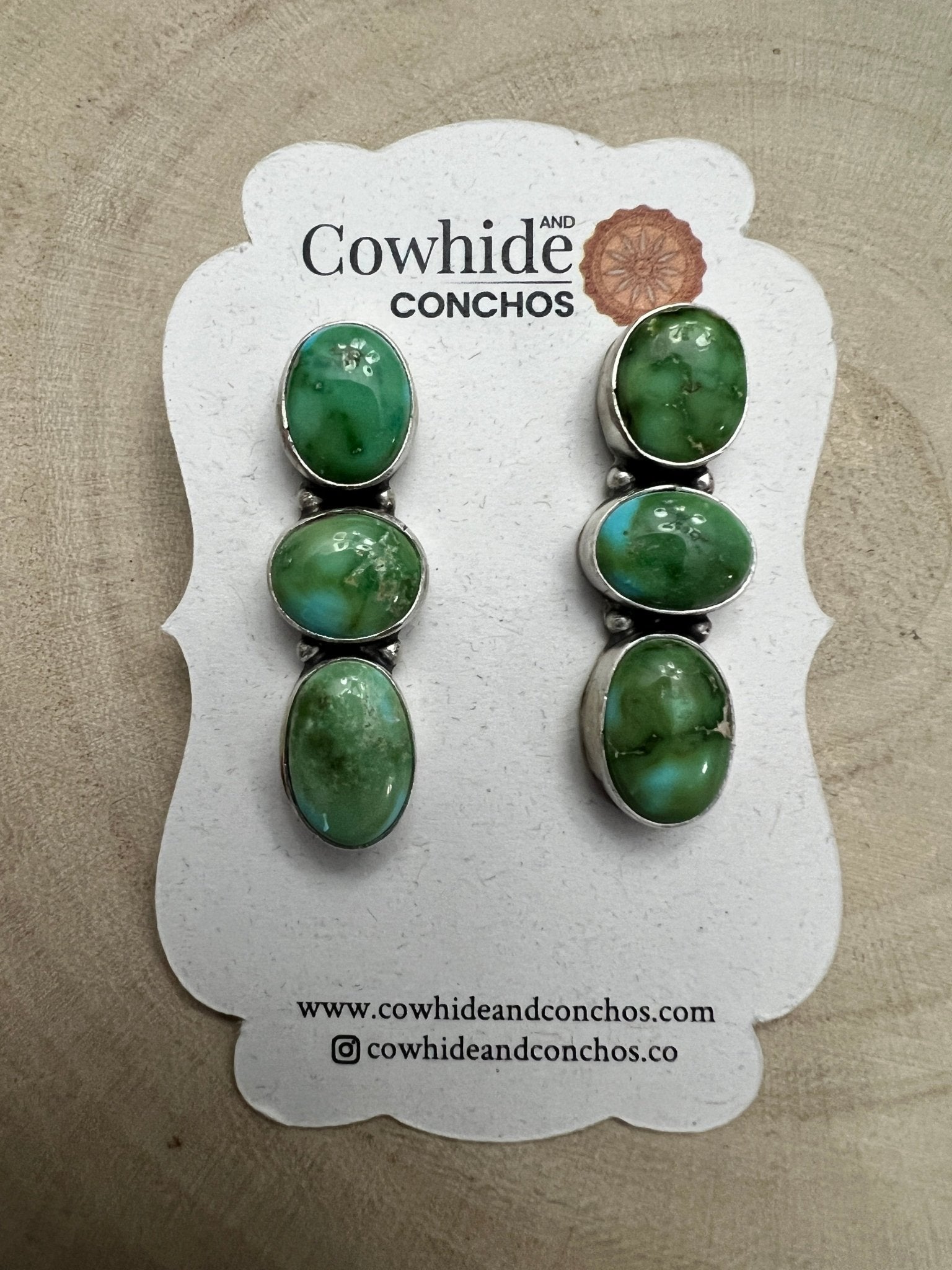 Randy Billy Navajo Sonoran Mountain Turquoise & Sterling Silver Earrings — 1 3/8" × 1/2" (Hallmarked, Heirloom) - Cowhide and Conchos