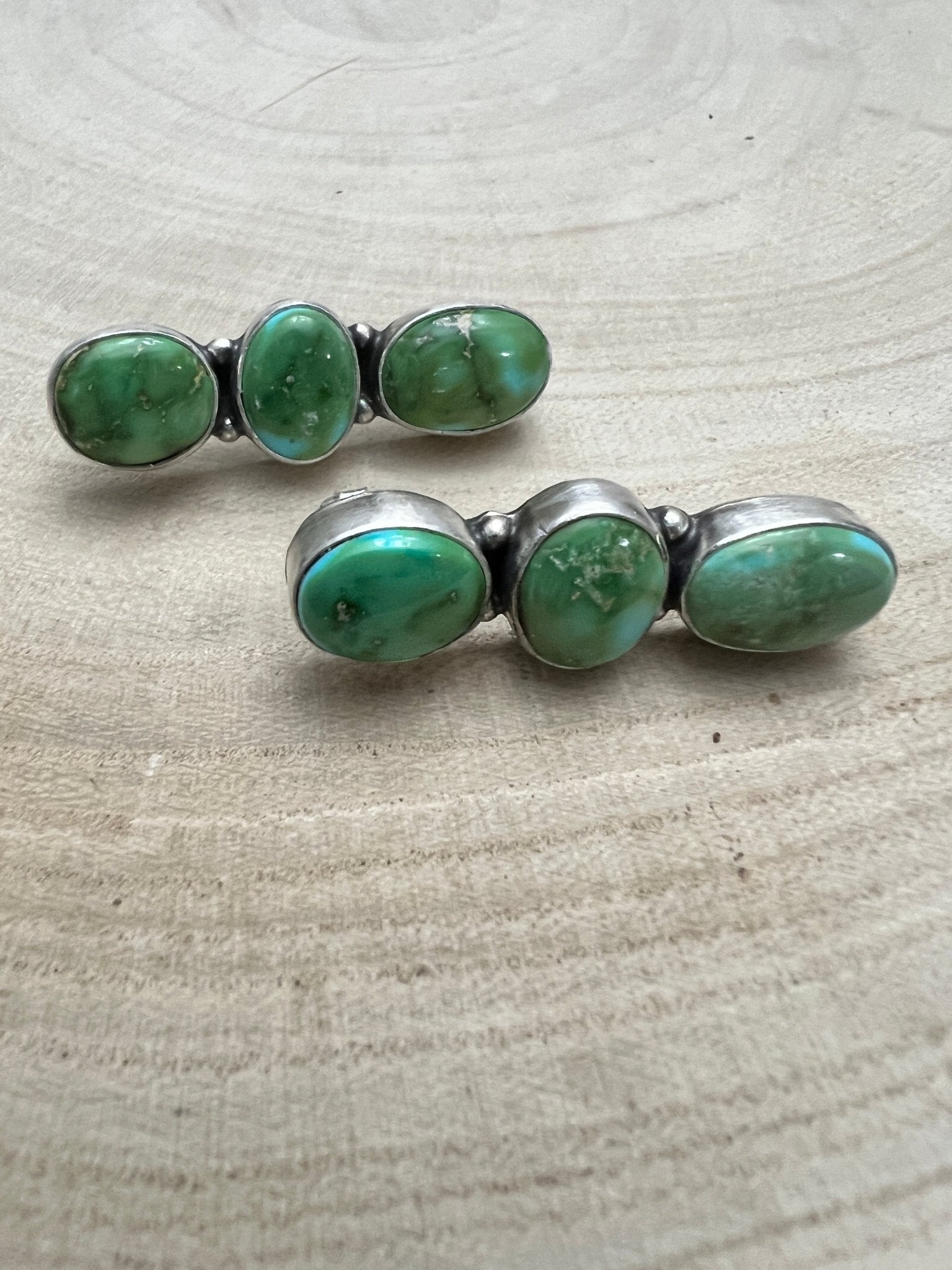 Randy Billy Navajo Sonoran Mountain Turquoise & Sterling Silver Earrings — 1 3/8" × 1/2" (Hallmarked, Heirloom) - Cowhide and Conchos