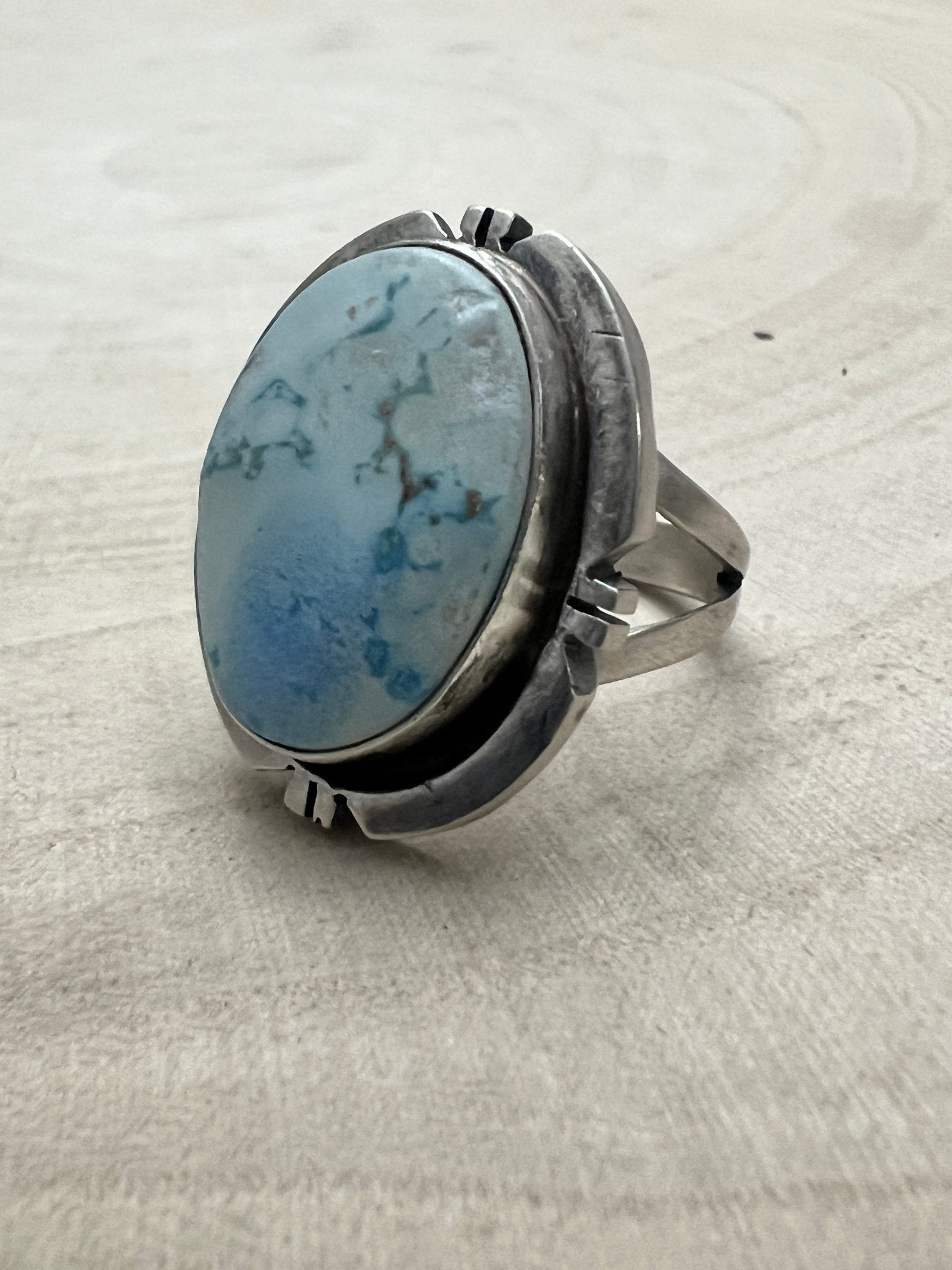 Randy Billy Navajo Sterling Silver Ring with Golden Hills Turquoise — Size 9 (Hallmark Randy Billy) - Cowhide and Conchos