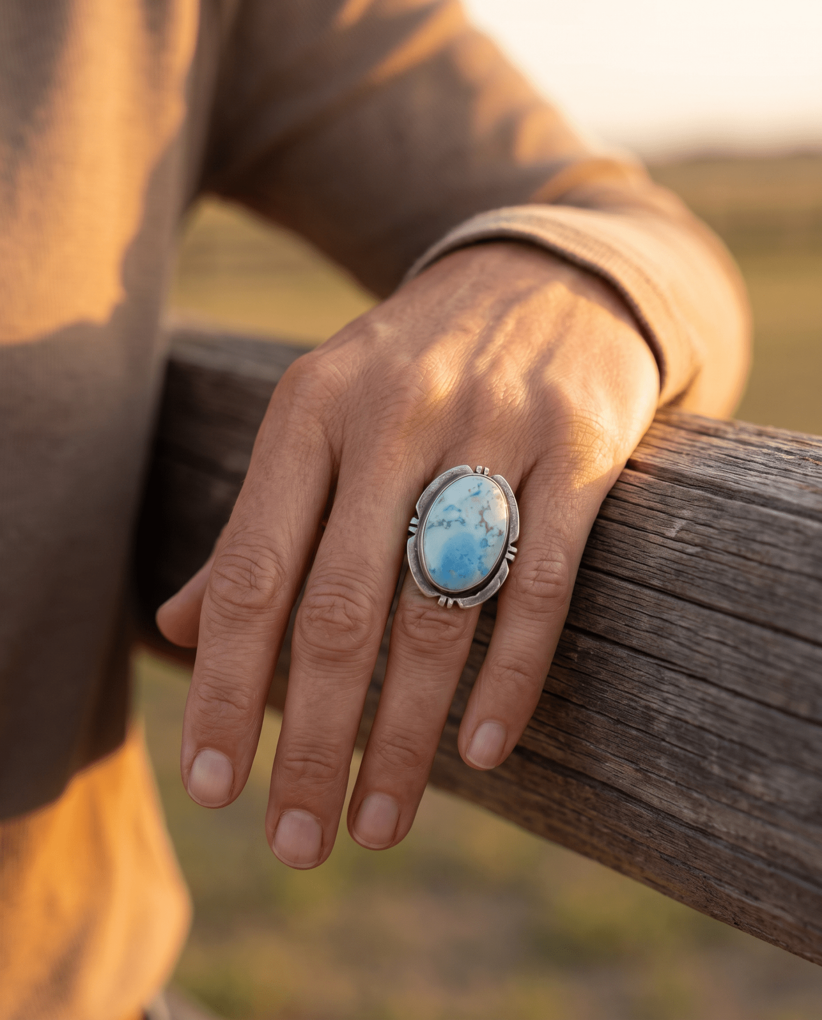 Randy Billy Navajo Sterling Silver Ring with Golden Hills Turquoise — Size 9 (Hallmark Randy Billy) - Cowhide and Conchos