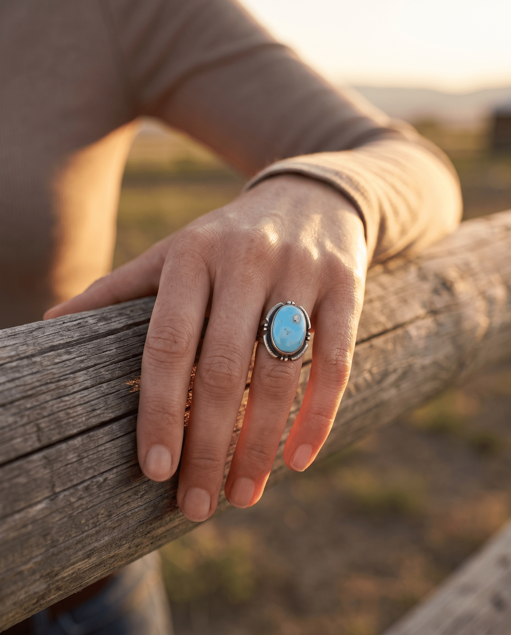 Randy Billy Navajo Sterling Silver Ring with Golden Hills Turquoise — Size 9 (Hallmark RB + Sterling) - Cowhide and Conchos