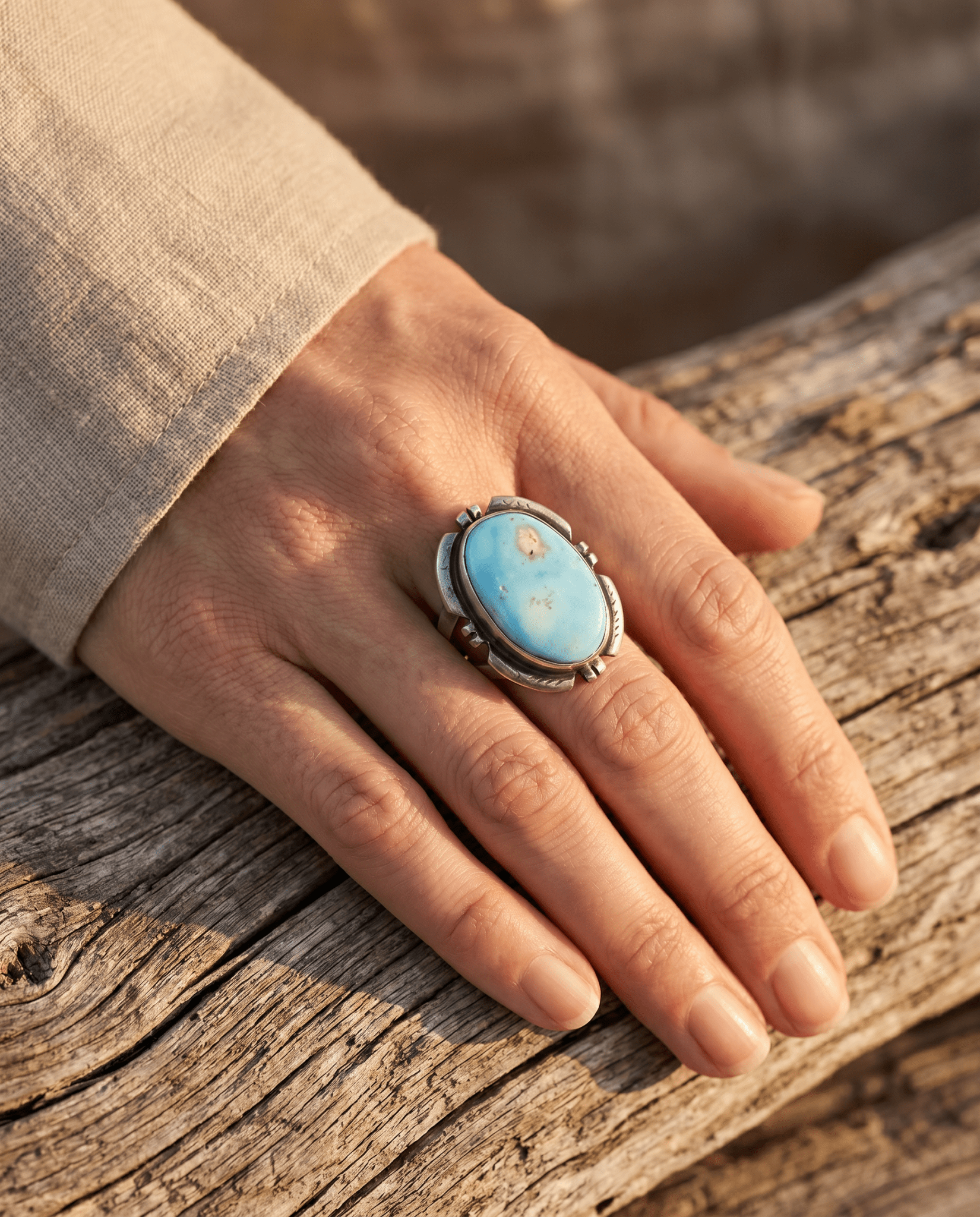 Randy Billy Navajo Sterling Silver Ring with Golden Hills Turquoise — Size 9 (Hallmark RB + Sterling) - Cowhide and Conchos
