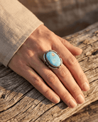 Randy Billy Navajo Sterling Silver Ring with Golden Hills Turquoise — Size 9 (Hallmark RB + Sterling) - Cowhide and Conchos