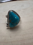 Randy Billy Navajo Sterling Silver Ring with Natural Fox Turquoise — Adjustable, 7/8" × 5/8" (Hallmarked, Heirloom Rare Variety) - Cowhide and Conchos