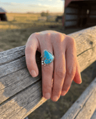 Randy Billy Navajo Sterling Silver Ring with Natural Fox Turquoise — Adjustable, 7/8" × 5/8" (Hallmarked, Heirloom Rare Variety) - Cowhide and Conchos