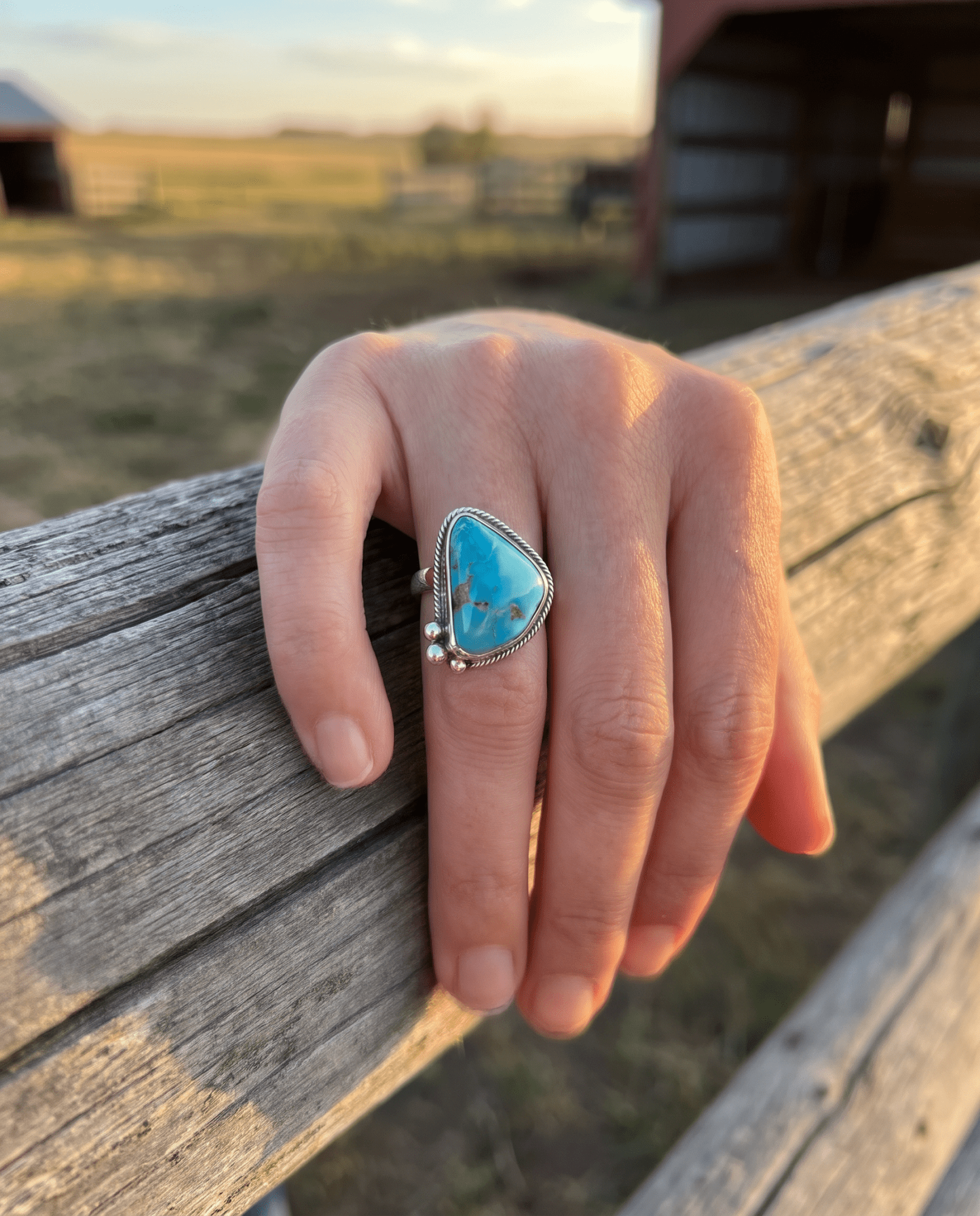 Randy Billy Navajo Sterling Silver Ring with Natural Fox Turquoise — Adjustable, 7/8" × 5/8" (Hallmarked, Heirloom Rare Variety) - Cowhide and Conchos