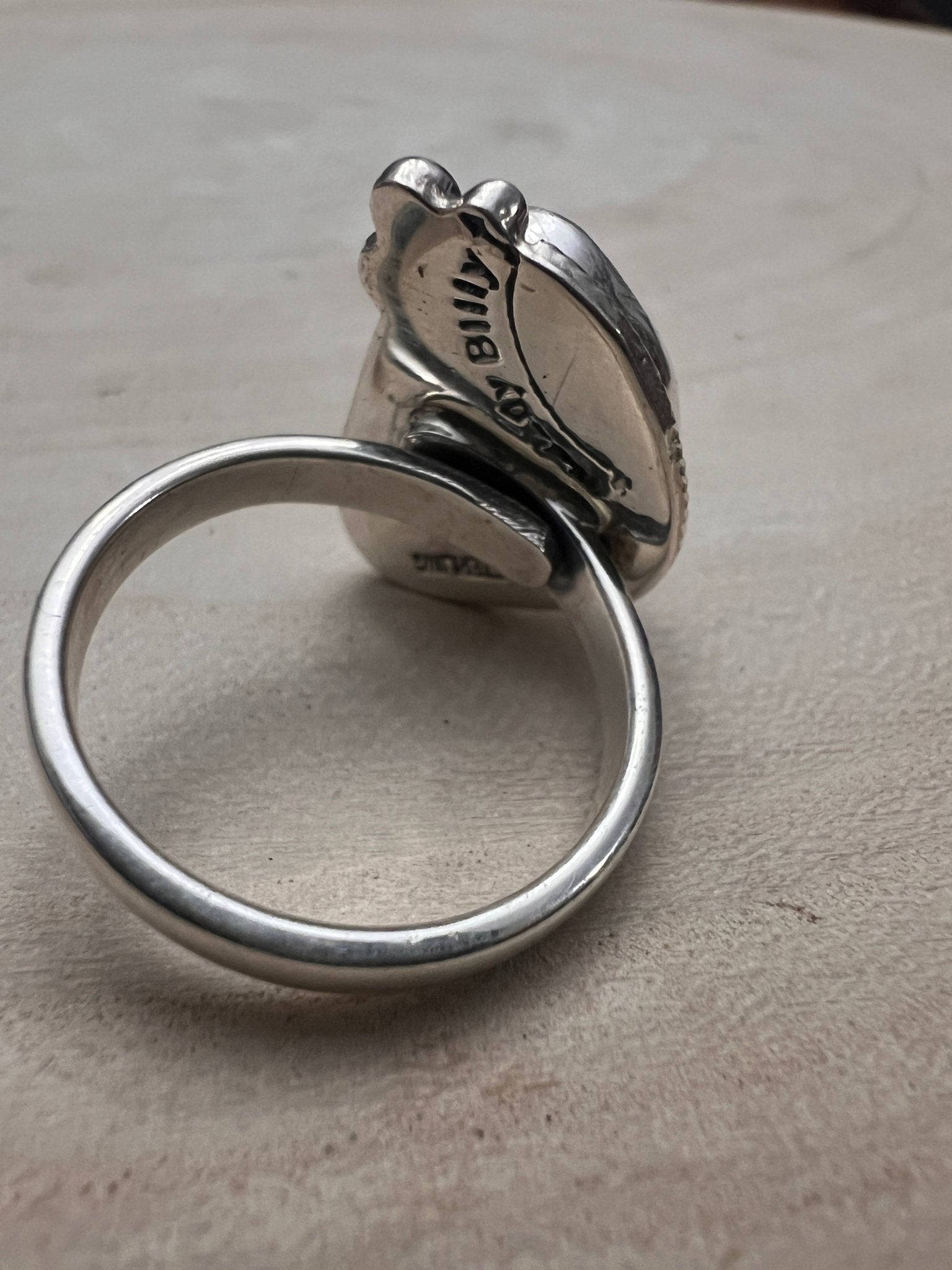 Randy Billy Navajo Sterling Silver Ring with Natural Fox Turquoise — Adjustable, 7/8" × 5/8" (Hallmarked, Heirloom Rare Variety) - Cowhide and Conchos