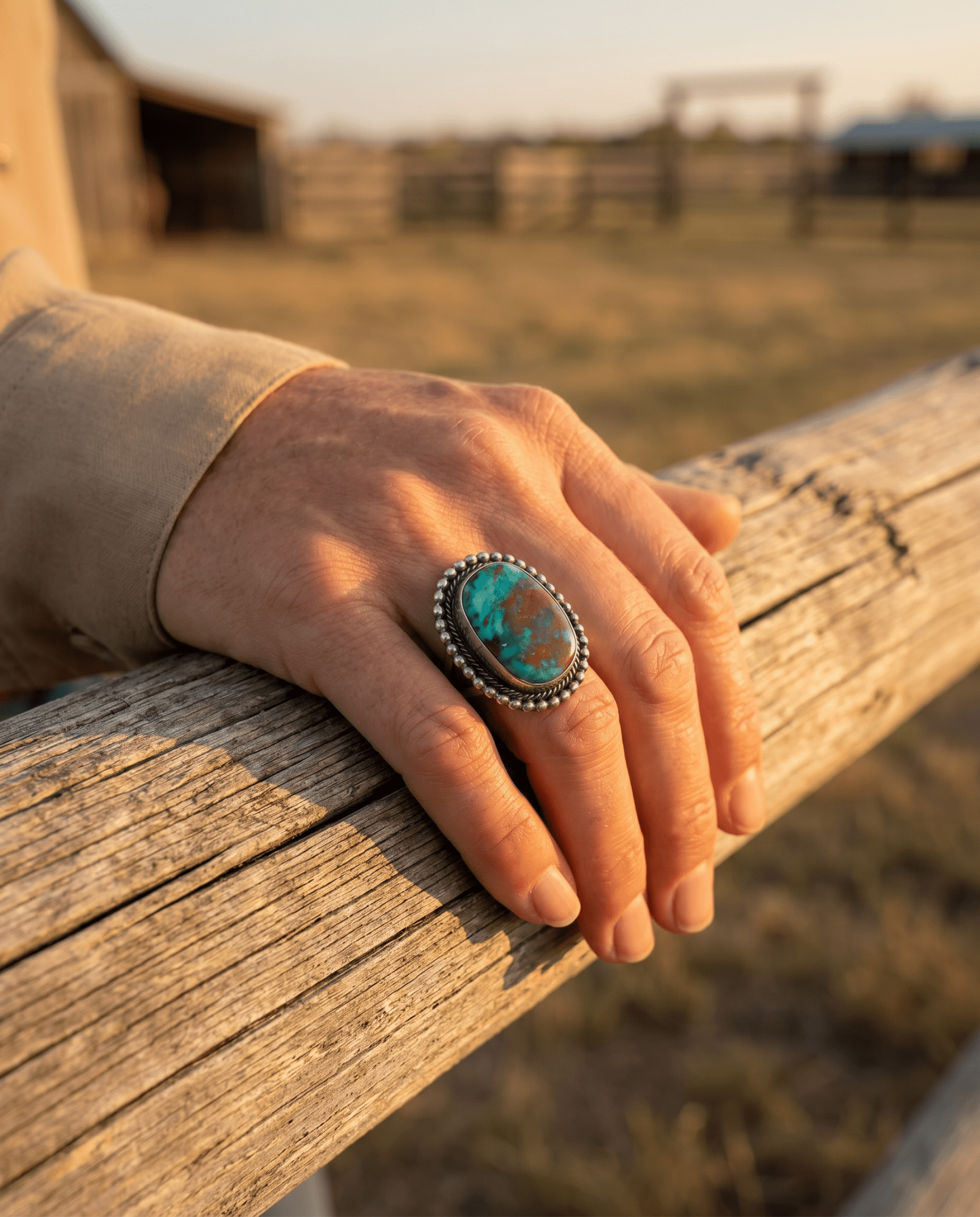 Randy Billy Navajo Sterling Silver Ring with Royston Turquoise — Size 10 (Larger 7/8" × 3/4") - Cowhide and Conchos