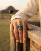 Randy Billy Navajo Sterling Silver Ring with Royston Turquoise — Size 10 (Larger 7/8" × 3/4") - Cowhide and Conchos