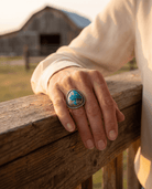 Randy Billy Navajo Sterling Silver Ring with Royston Turquoise — Size 9.5 (Hallmark Randy Billy) - Cowhide and Conchos