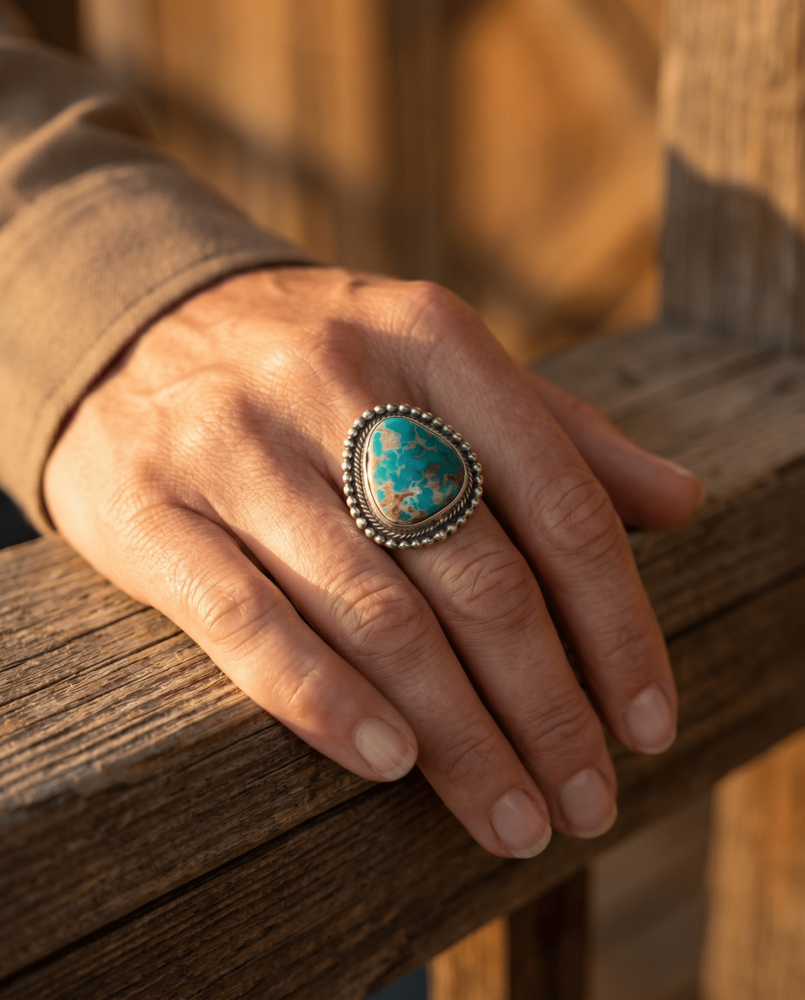 Randy Billy Navajo Sterling Silver Ring with Royston Turquoise — Size 9.5 (Hallmark Randy Billy) - Cowhide and Conchos