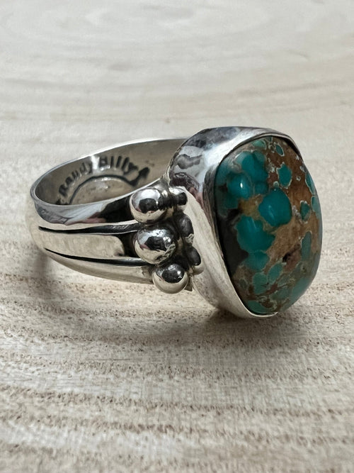 Randy Billy Royston Turquoise & Sterling Silver Ring - Size 10 - Cowhide and Conchos