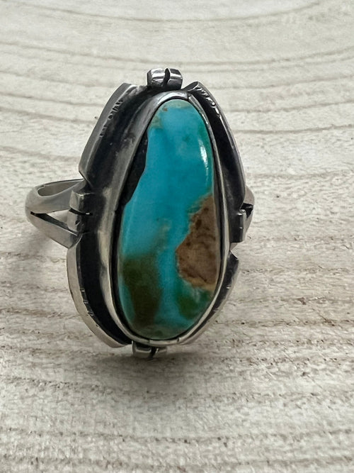 Randy Billy Royston Turquoise & Sterling Silver Ring - Size 10 - Cowhide and Conchos