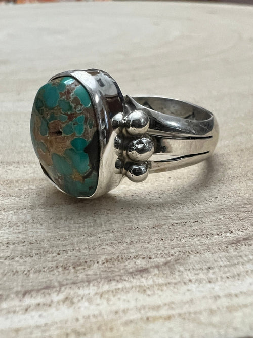 Randy Billy Royston Turquoise & Sterling Silver Ring - Size 10 - Cowhide and Conchos