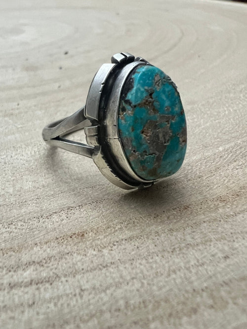 Randy Billy Royston Turquoise & Sterling Silver Ring - Size 9.5 - Cowhide and Conchos