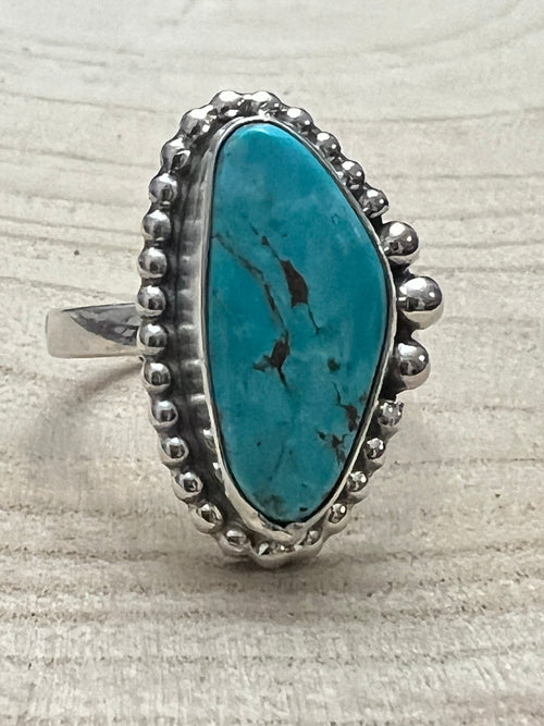 Randy Billy Turquoise & Sterling Silver Ring - Size 9/10 Adjustable - Cowhide and Conchos