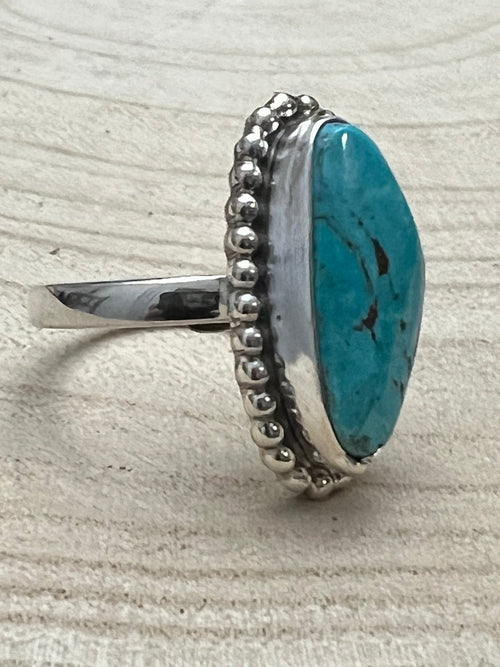 Randy Billy Turquoise & Sterling Silver Ring - Size 9/10 Adjustable - Cowhide and Conchos