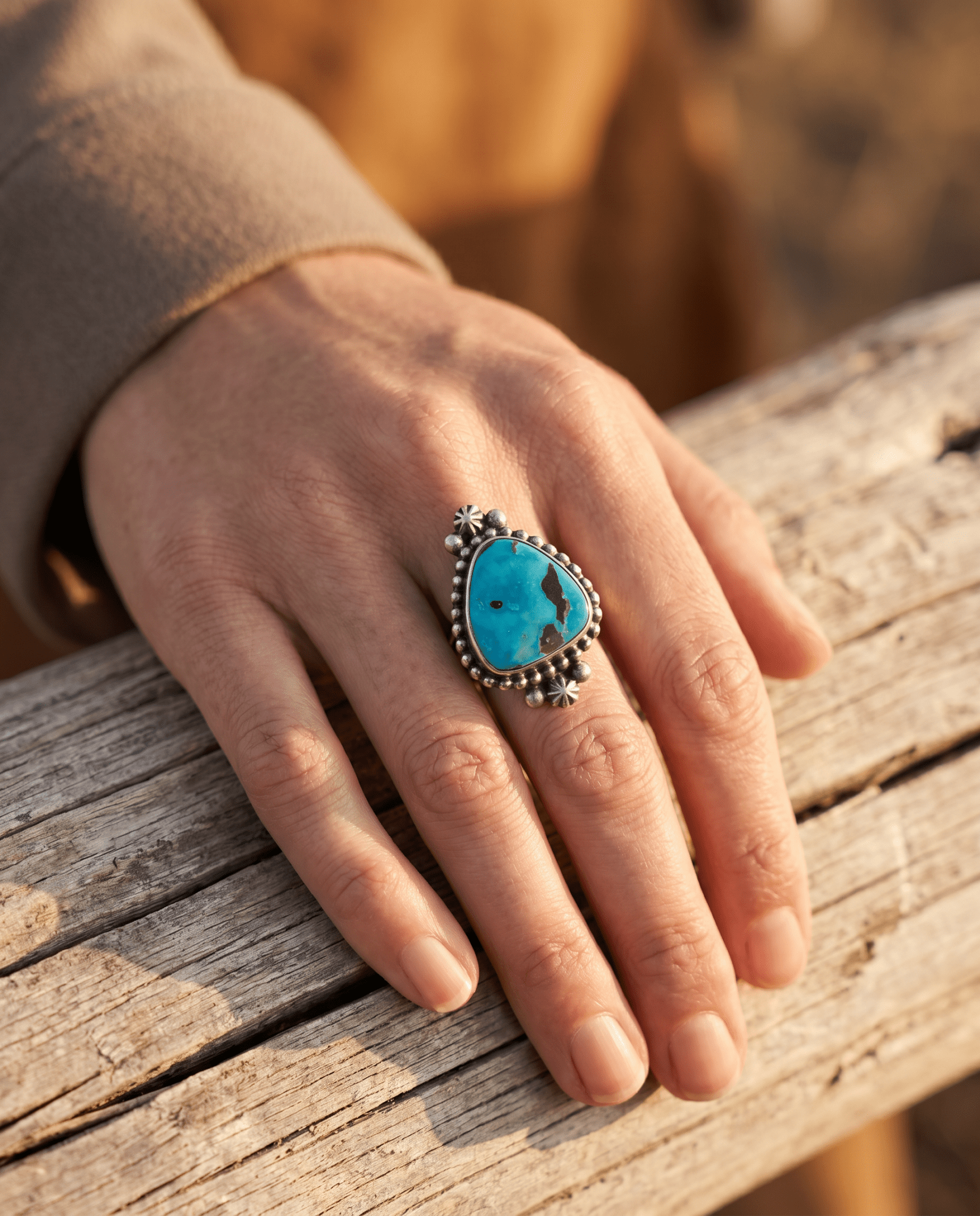Randy Boyd Navajo Sterling Silver Ring with Fox Turquoise — Size 8.5 (Hallmark RB) - Cowhide and Conchos