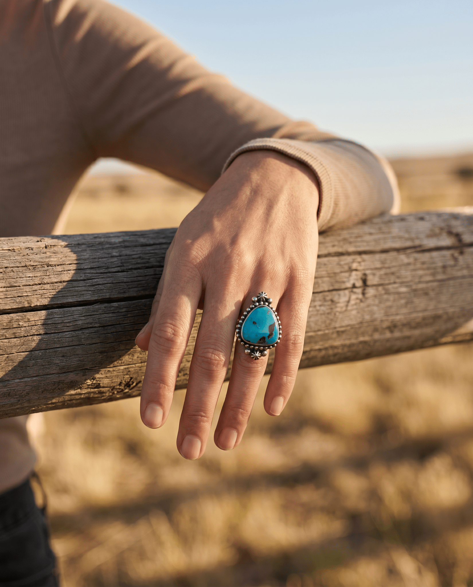 Randy Boyd Navajo Sterling Silver Ring with Fox Turquoise — Size 8.5 (Hallmark RB) - Cowhide and Conchos