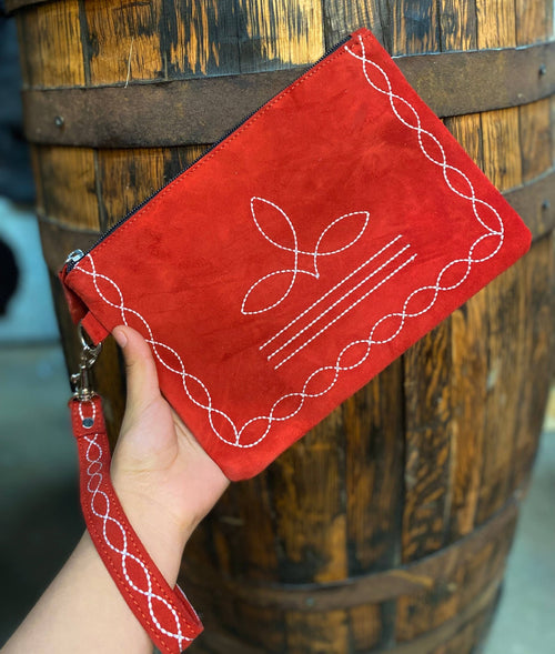 Red Boot Stitch Suede Leather Wristlet - Cowhide and Conchos