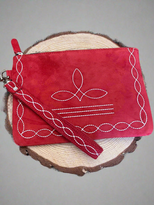 Red Boot Stitch Suede Leather Wristlet - Cowhide and Conchos