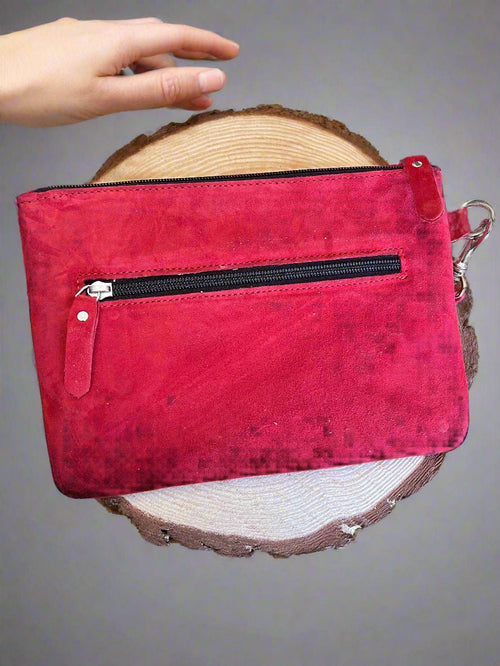 Red Boot Stitch Suede Leather Wristlet - Cowhide and Conchos