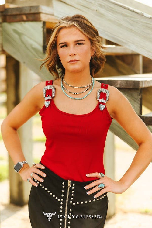 Red Buckle Strap Western Tank Top - Cowhide and Conchos