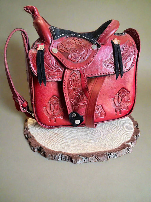 Red Rose Tooled Leather Saddle Purse - Cowhide and Conchos