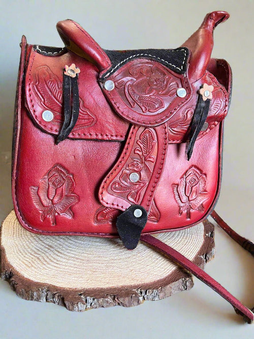 Red Rose Tooled Leather Saddle Purse - Cowhide and Conchos