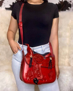 Red Rose Tooled Leather Saddle Purse - Cowhide and Conchos