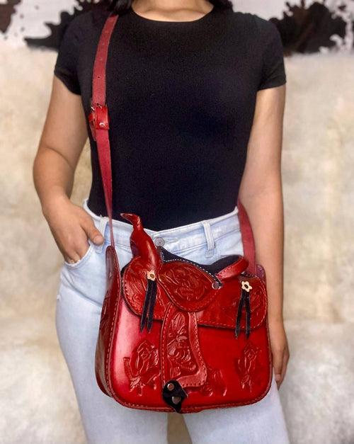 Red Rose Tooled Leather Saddle Purse - Cowhide and Conchos