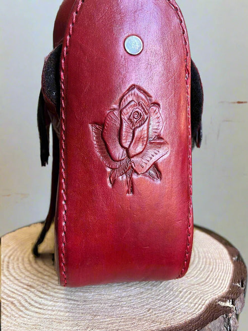 Red Rose Tooled Leather Saddle Purse - Cowhide and Conchos