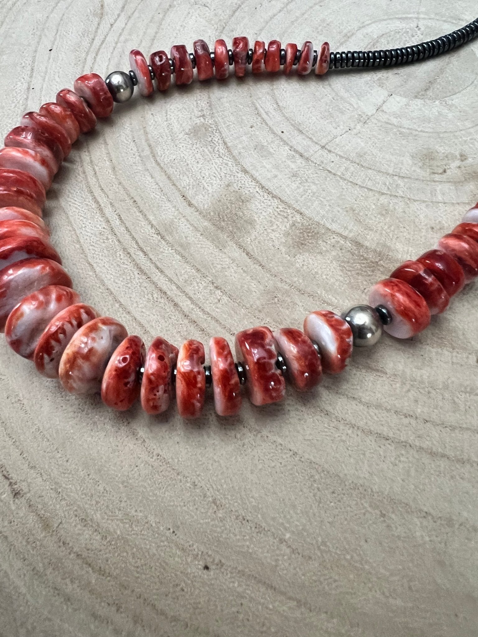 Red Spiny Oyster & Black Hematite Necklace – 23.5 inch - Cowhide and Conchos