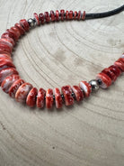 Red Spiny Oyster & Black Hematite Necklace – 23.5 inch - Cowhide and Conchos