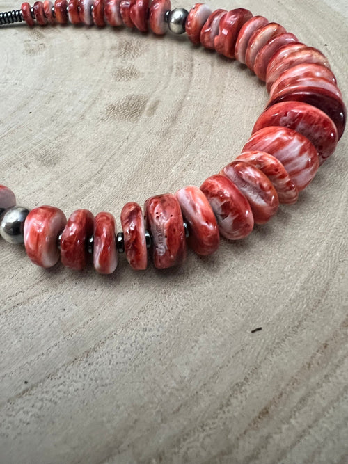 Red Spiny Oyster & Black Hematite Necklace – 23.5 inch - Cowhide and Conchos