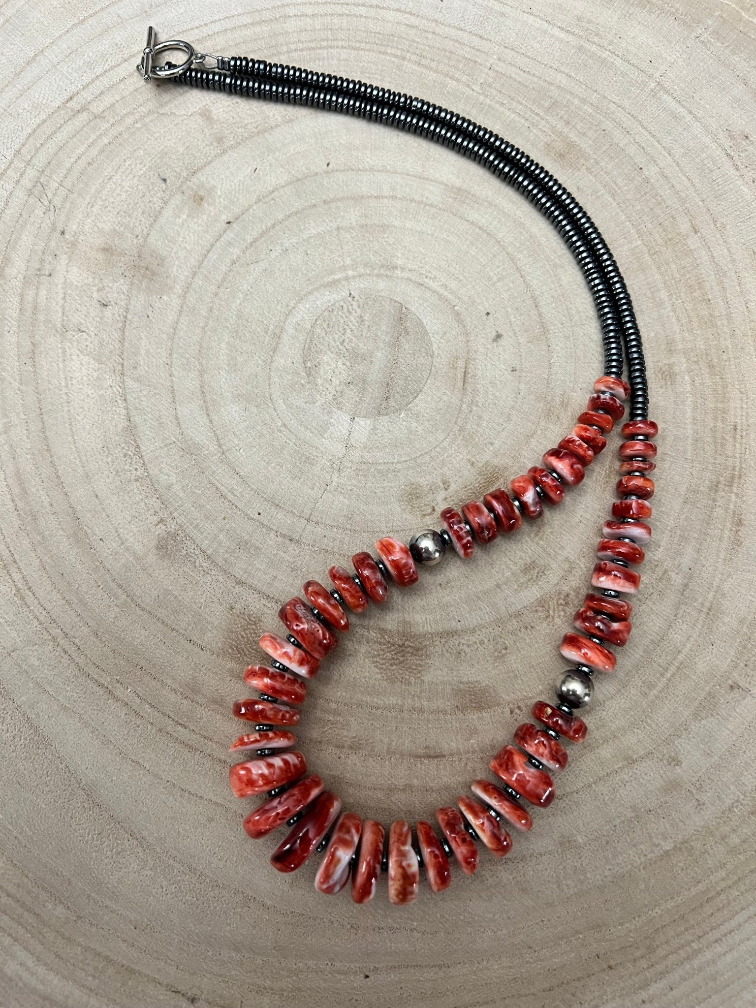 Red Spiny Oyster & Black Hematite Necklace – 23.5 inch - Cowhide and Conchos
