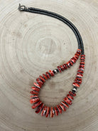 Red Spiny Oyster & Black Hematite Necklace – 23.5 inch - Cowhide and Conchos